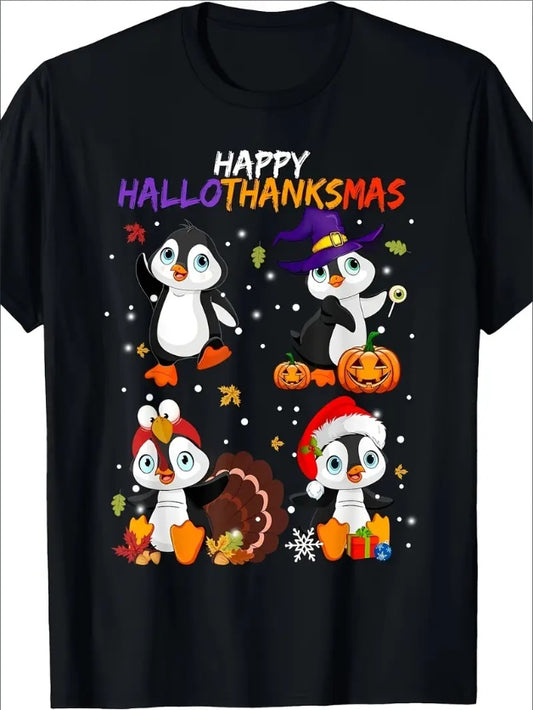 Happy Hallothanksmas Penguin Halloween Thanksgiving Christmas T-shirt