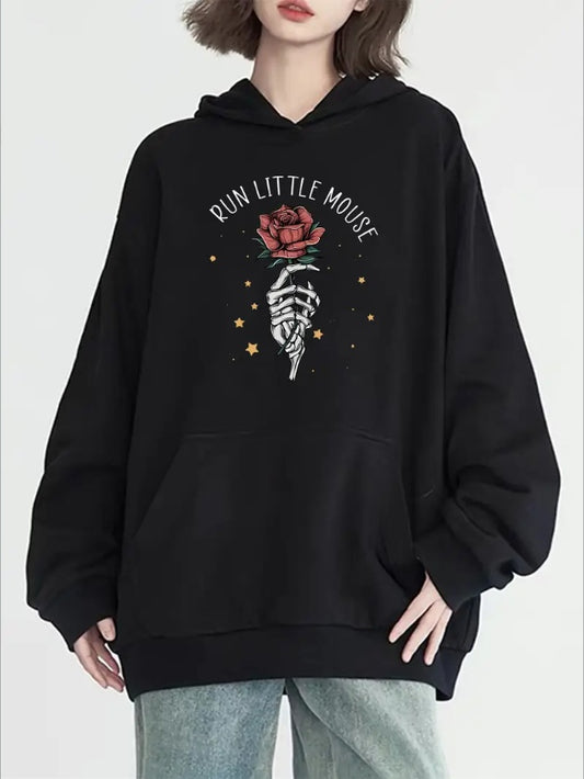 Rose Print Hoodie With Kangaroo Pocket
