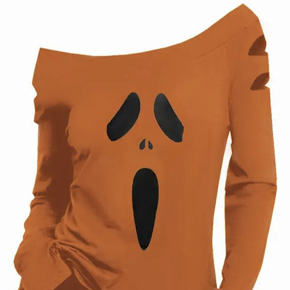 Halloween Ghost Face Diagonal Collar Long Sleeve T-shirt