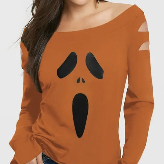 Halloween Ghost Face Diagonal Collar Long Sleeve T-shirt